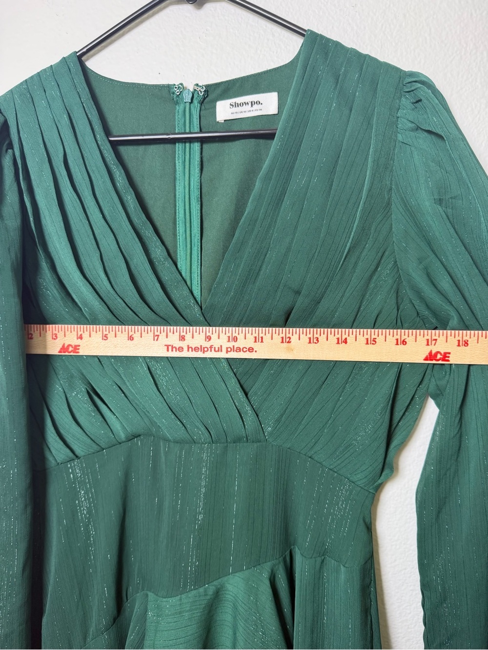 Showpo Green Sparkly High-Low Pleated Maxi Dress Wedding Guest Formal Size 6 - Picture 13 of 16